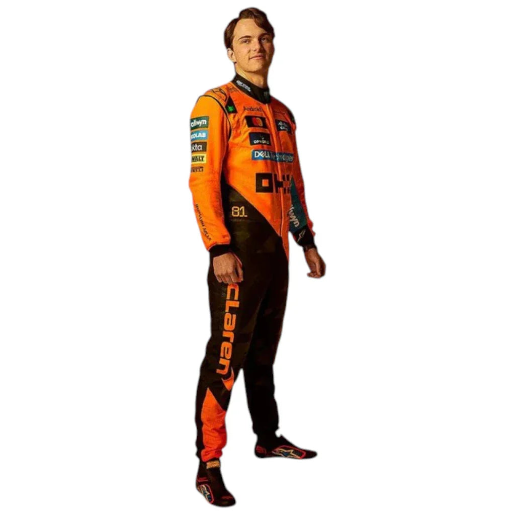 Endless Racegear Lando Norris McLaren F1 replica suit on standing model in orange and black racing suit with sponsor patches