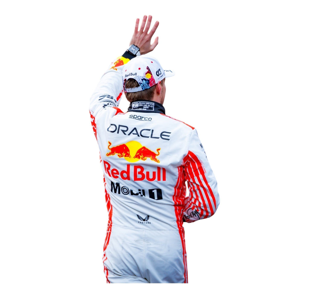 Endless Racegear Red Bull race suit rear view with Max Verstappen style sponsor logos and waving driver