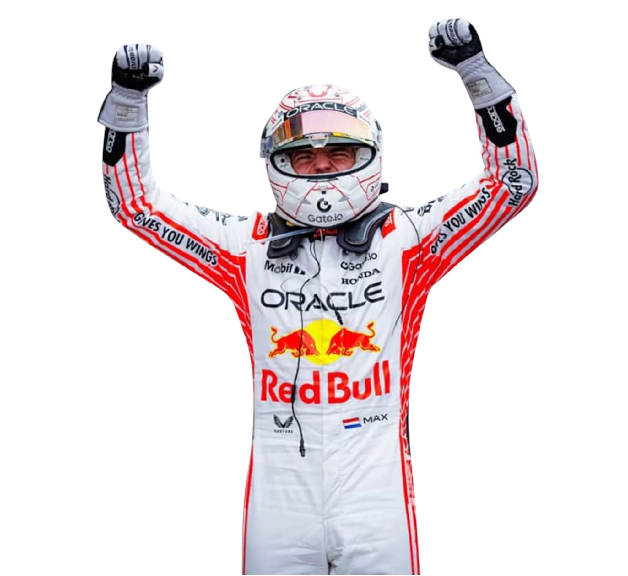 Endless Racegear Red Bull style race suit with helmet and raised arms in victory pose on white background