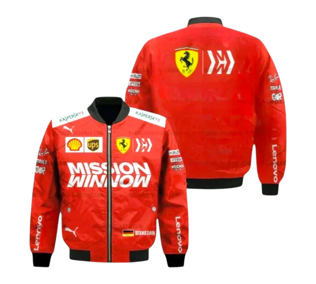 Red racing jacket with various logos on a white background