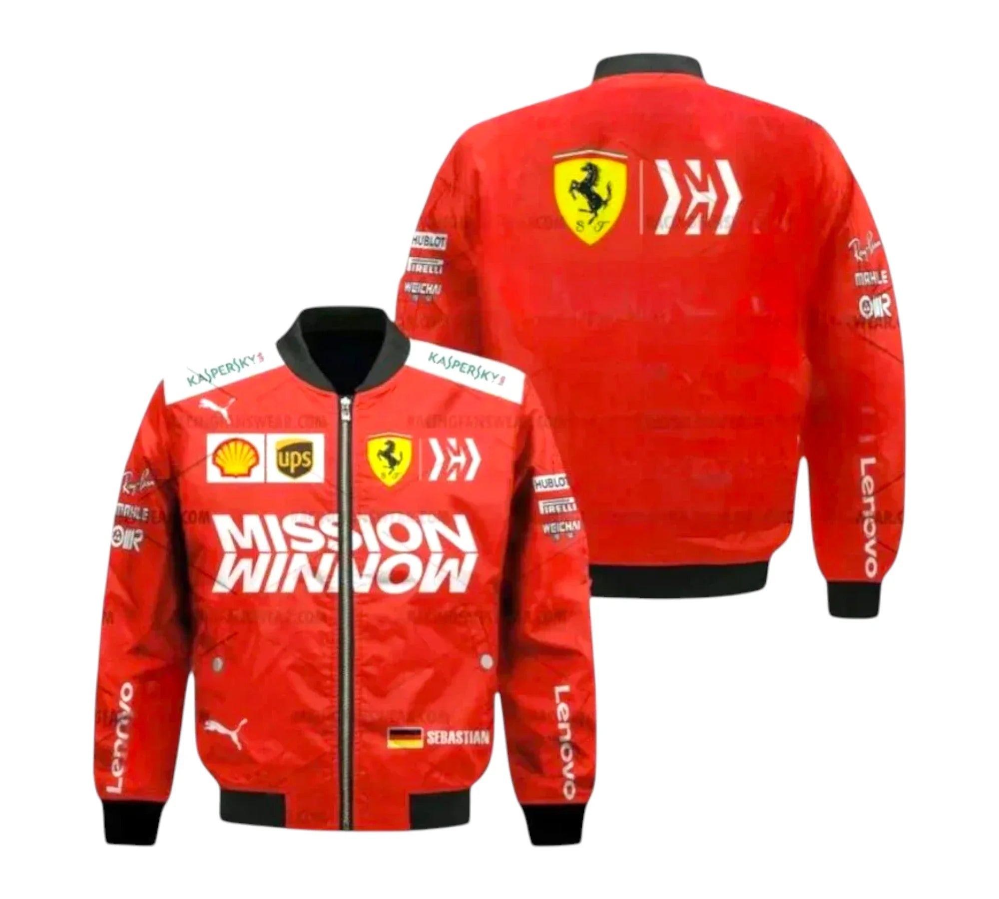 Red racing jacket with various logos on a white background