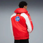 Reversible zip-up racing jacket, red with white panels and hood, back view with HP logo.