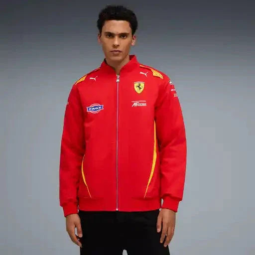 Red zip-up team jacket on model, Ferrari shield and Puma logos on front