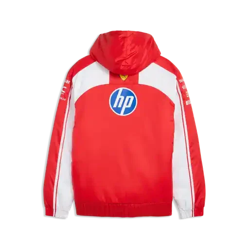 Reversible zip-up racing jacket back, red with white side panels and HP circle logo.