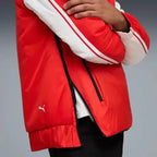 Reversible zip-up racing jacket detail, red and white sleeves with black drawstring hem.