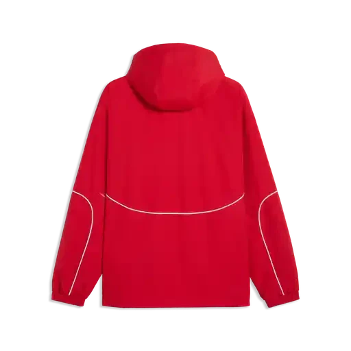 Red Scuderia Ferrari rain jacket with hood, back view, curved contrast piping