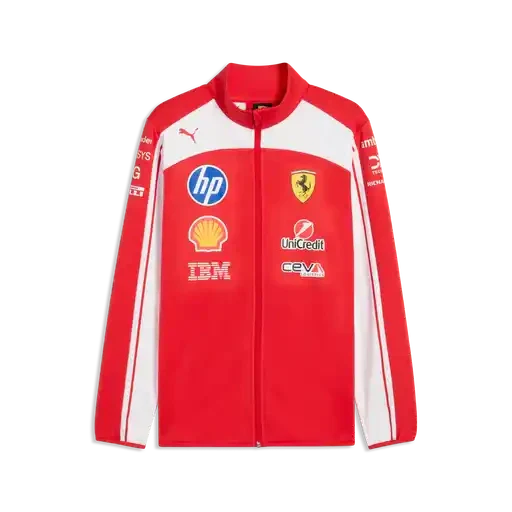 Red softshell jacket with white panels, full-zip front, Puma logo and team crests