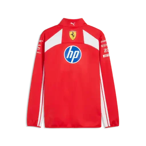 Red softshell jacket with white side stripes, stand collar, back sponsor prints