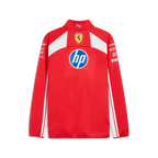 Red softshell jacket with white side stripes, stand collar, back sponsor prints