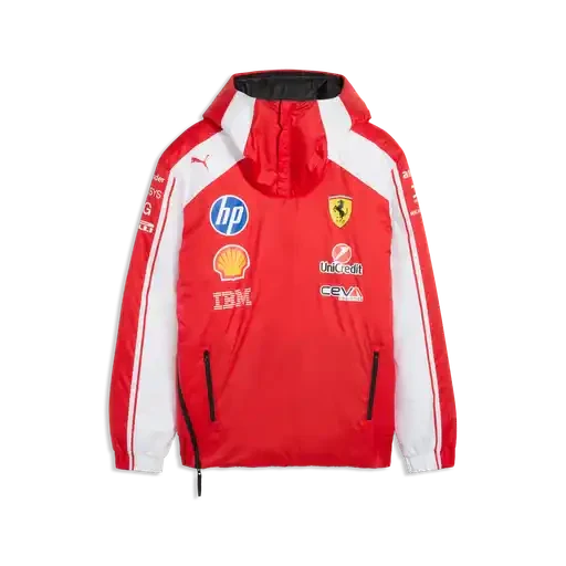 Reversible racing jacket front, red with white stripes and embroidered team logos, hooded.