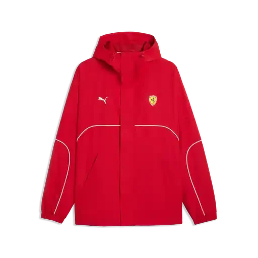 Red Scuderia Ferrari rain jacket with hood, full-zip; PUMA logo and shield