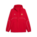 Red Scuderia Ferrari rain jacket with hood, full-zip; PUMA logo and shield