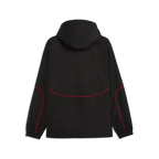 Black Scuderia Ferrari rain jacket with hood, back view, curved contrast piping