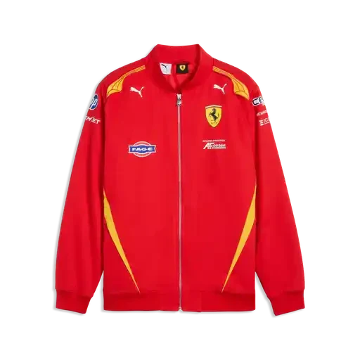 Red Ferrari team jacket with full zip, yellow side panels, Puma logo on chest