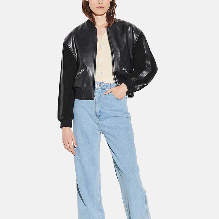 Women’s Black Leather Bomber Jacket 3A MOTO LEATHER