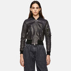 Women’s Black Leather Bomber Jacket With Arm Pocket 3A MOTO LEATHER