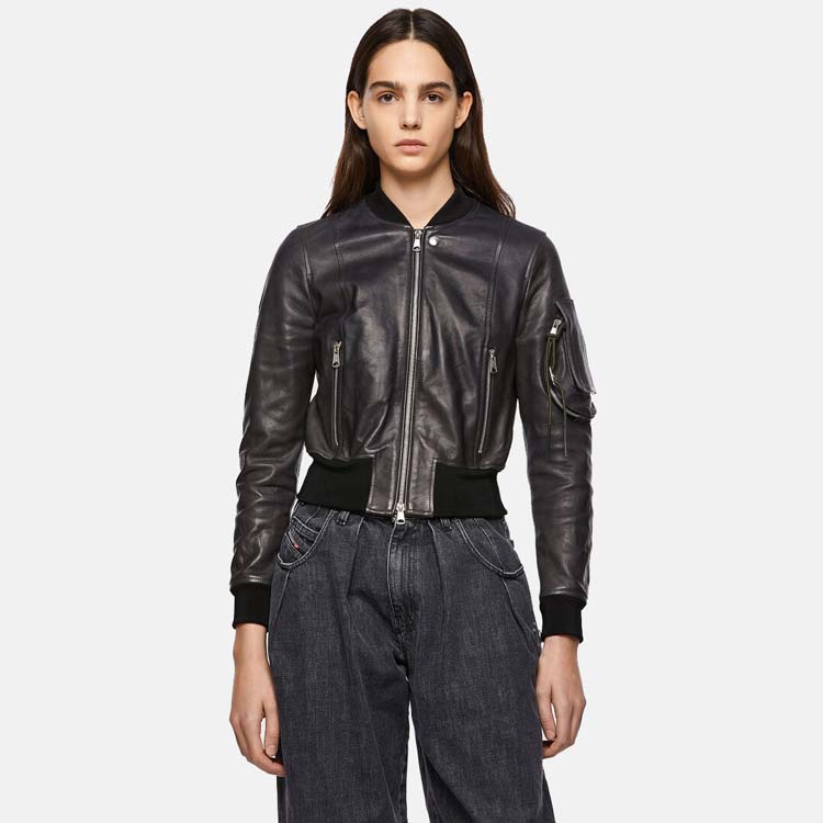 Women’s Black Leather Bomber Jacket With Arm Pocket 3A MOTO LEATHER