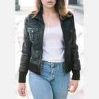 Women’s Black Leather Collared Bomber Jacket 3A MOTO LEATHER