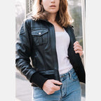 Women’s Black Leather Collared Bomber Jacket 3A MOTO LEATHER