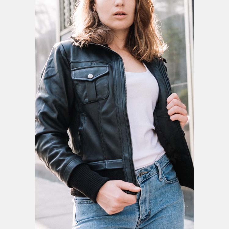 Women’s Black Leather Collared Bomber Jacket 3A MOTO LEATHER
