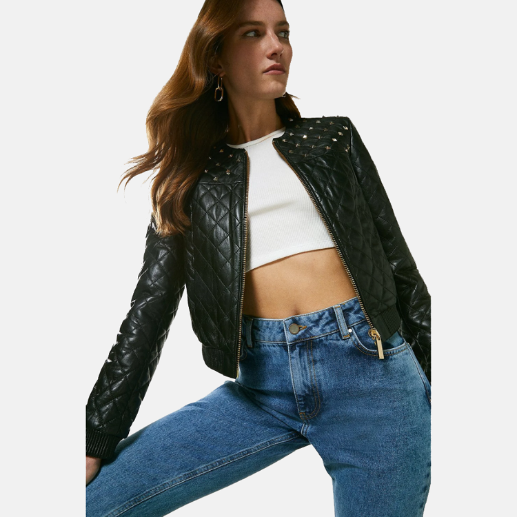 Women’s Black Leather Studded Bomber Jacket 3A MOTO LEATHER