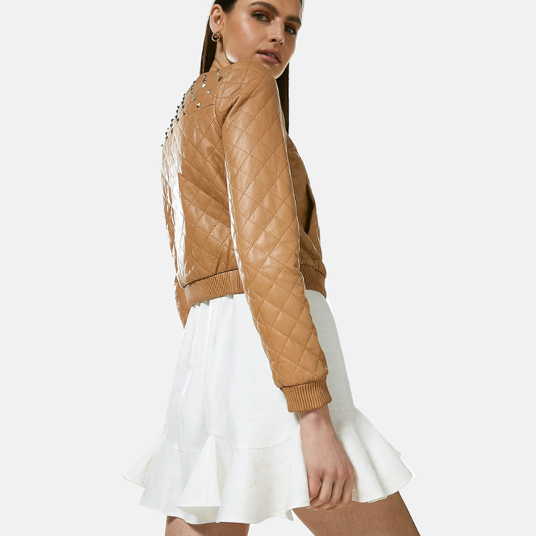 Women’s Tan Beige Leather Studded Bomber Jacket 3A MOTO LEATHER