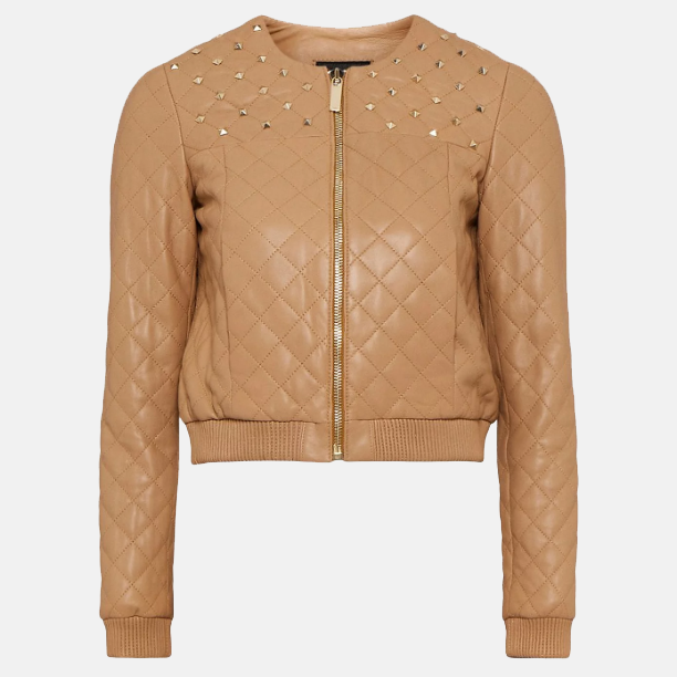 Women’s Tan Beige Leather Studded Bomber Jacket 3A MOTO LEATHER