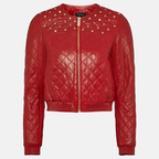 Women’s Wine Red Leather Studded Bomber Jacket 3A MOTO LEATHER